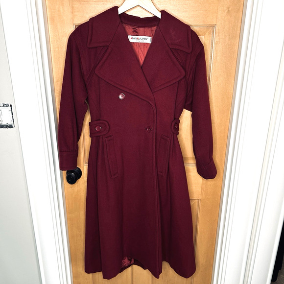 Saint Laurent Rive Gauche Wool Coat 38 US 6 Burgundy Double Breasted Pleats Long - Picture 1 of 10